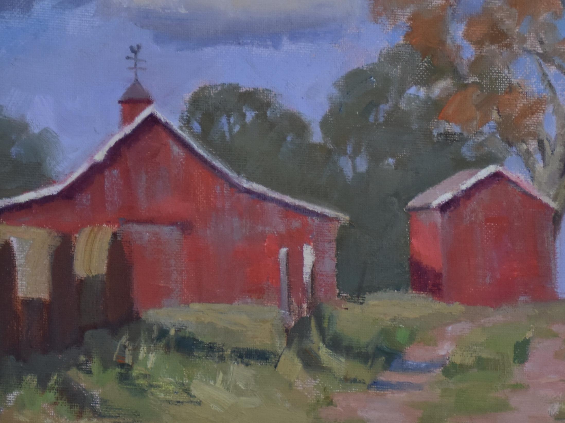 Autumn Barn , Texas Landscape, 9.5x 11.5 Oil, Free Shipping,  Hill Country - Painting by Joan Breckwoldt