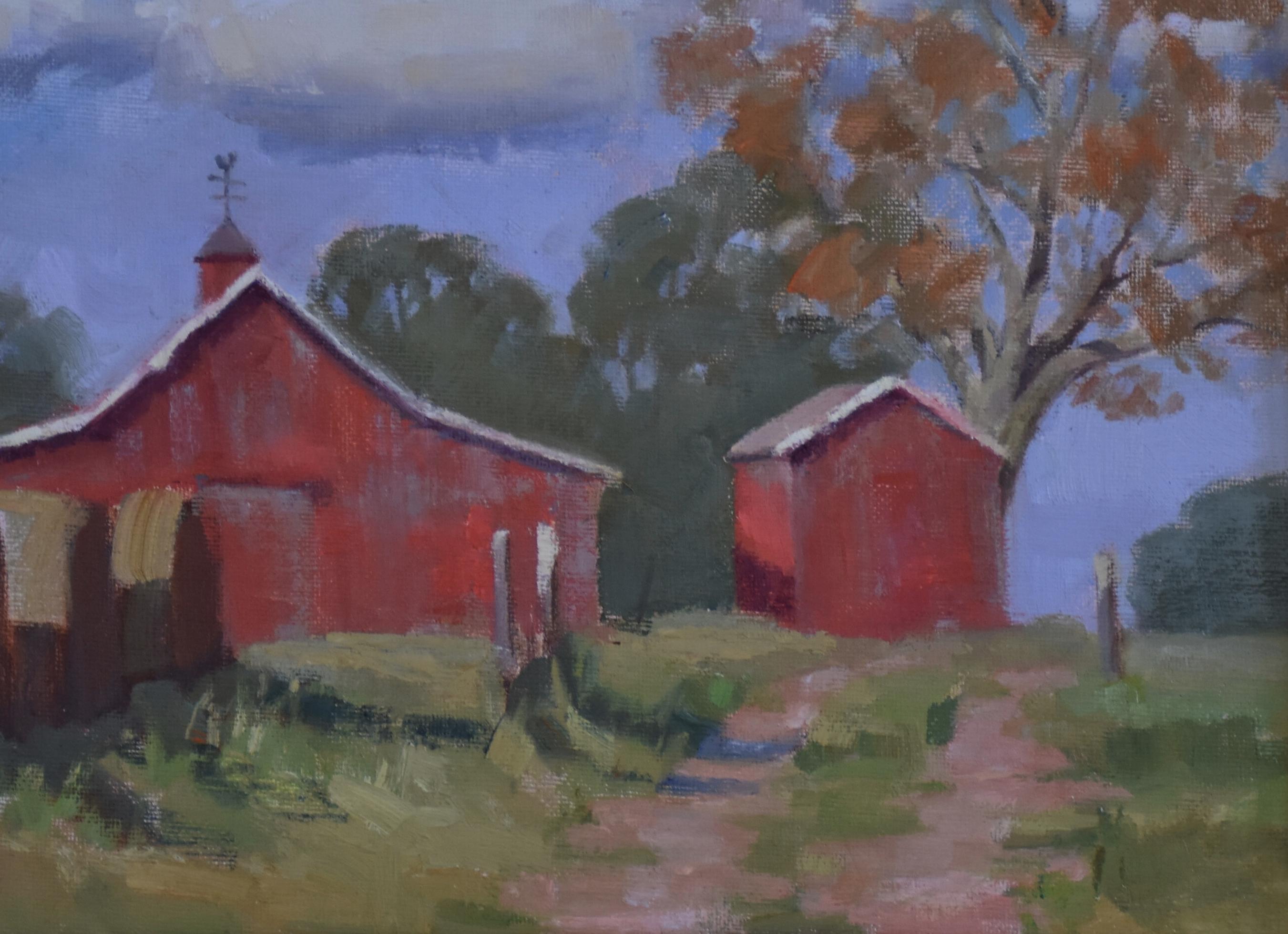 Autumn Barn , Texas Landscape, 9.5x 11.5 Oil, Free Shipping,  Hill Country - American Impressionist Painting by Joan Breckwoldt