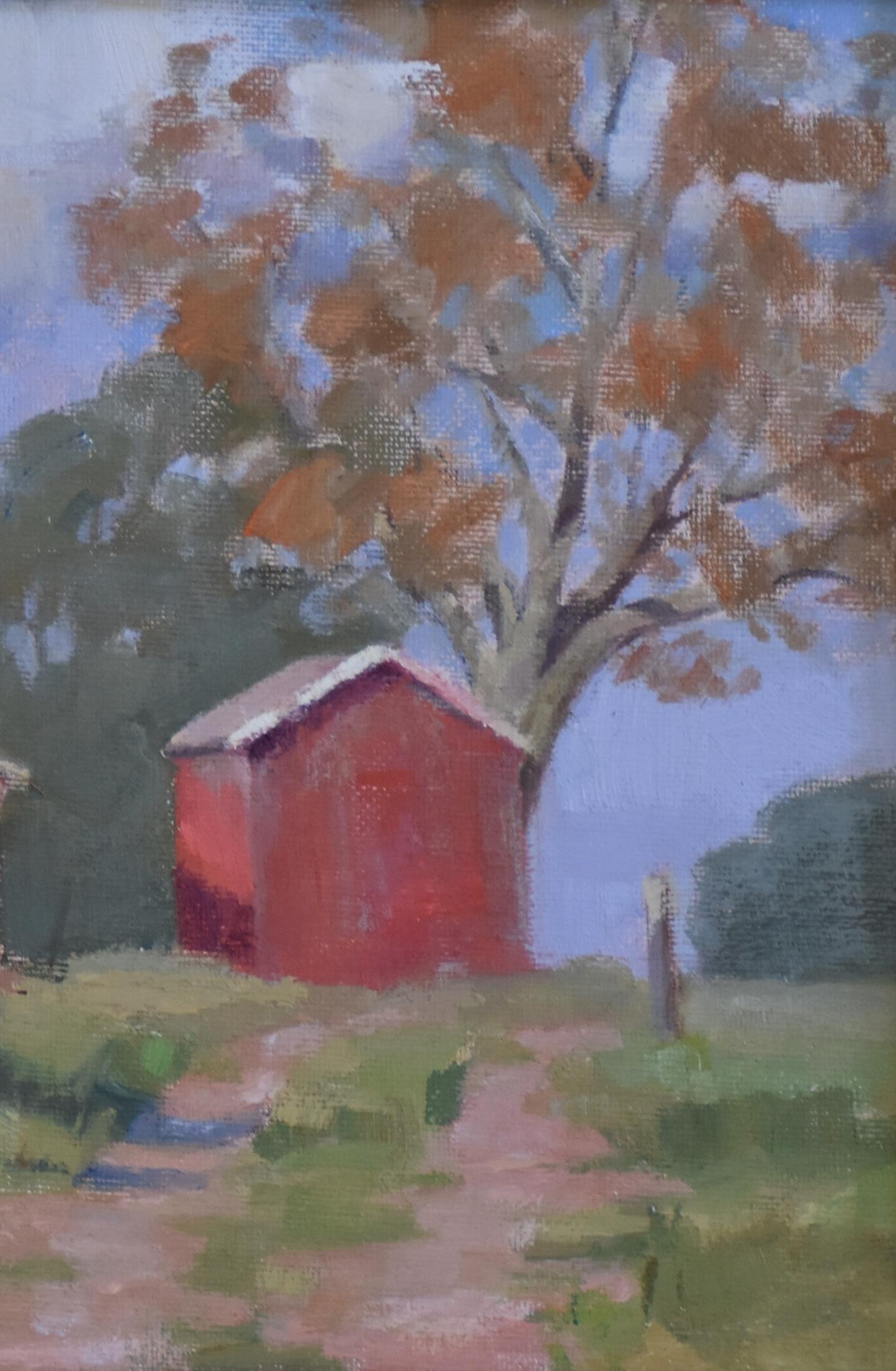 Autumn Barn , Texas Landscape, 9.5x 11.5 Oil, Free Shipping,  Hill Country - Gray Landscape Painting by Joan Breckwoldt