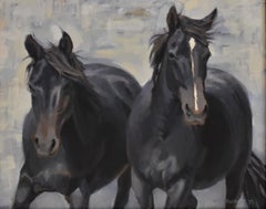 Black Mustang Horses, Oil, Wyoming,Custom Wood Frame, Western Art, Free Shipping