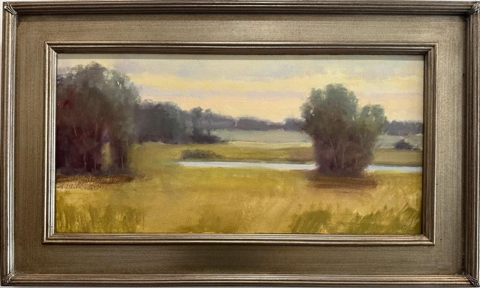 Paisaje de Solaz Vespertino,  12" x 24"  Aceite  Paisaje de Texas Marco Champán Dorado
