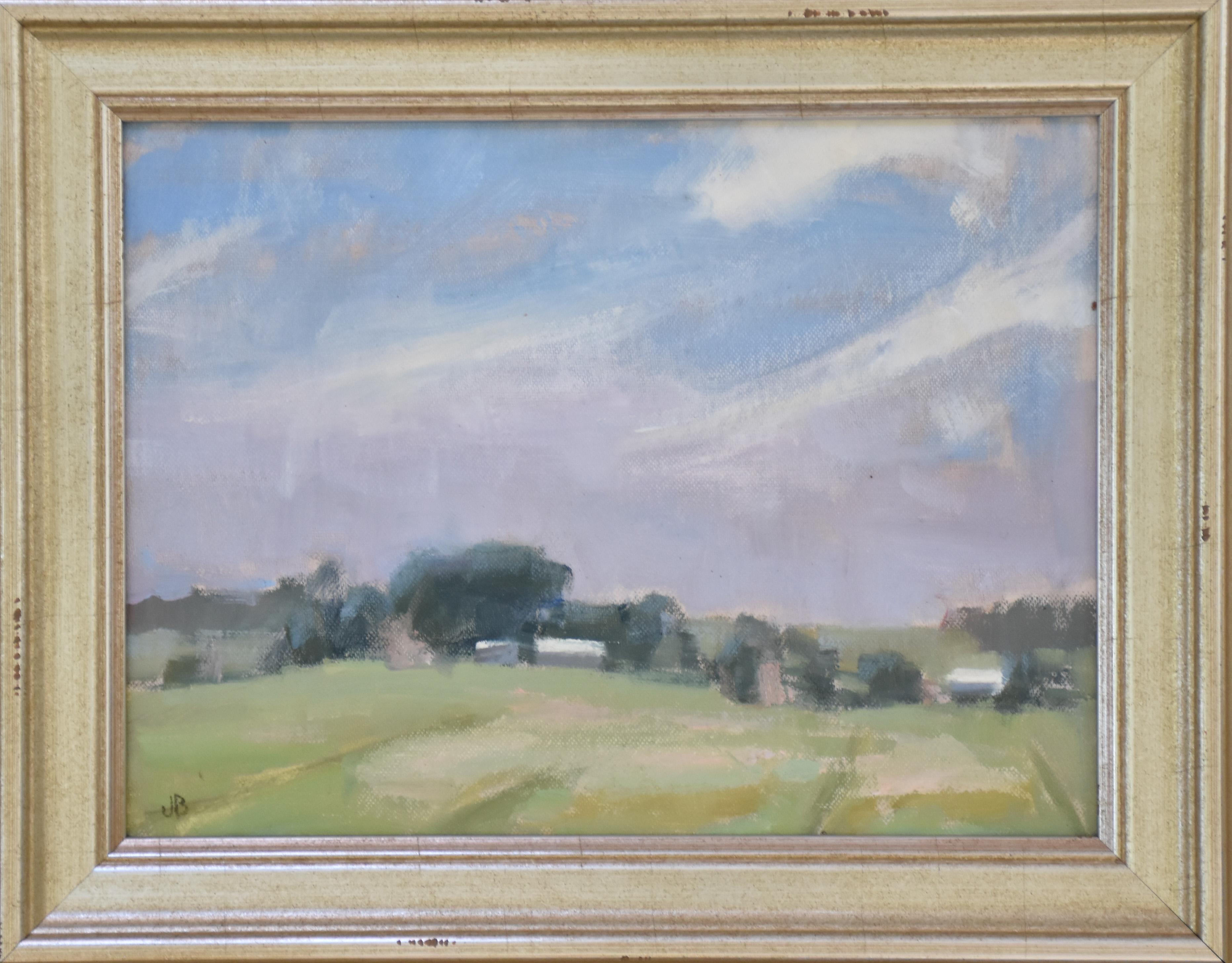 Homestead , Paysage texan, 9,5 x 11,5 Huile, livraison gratuite,  Pays des collines - Gris Landscape Painting par Joan Breckwoldt