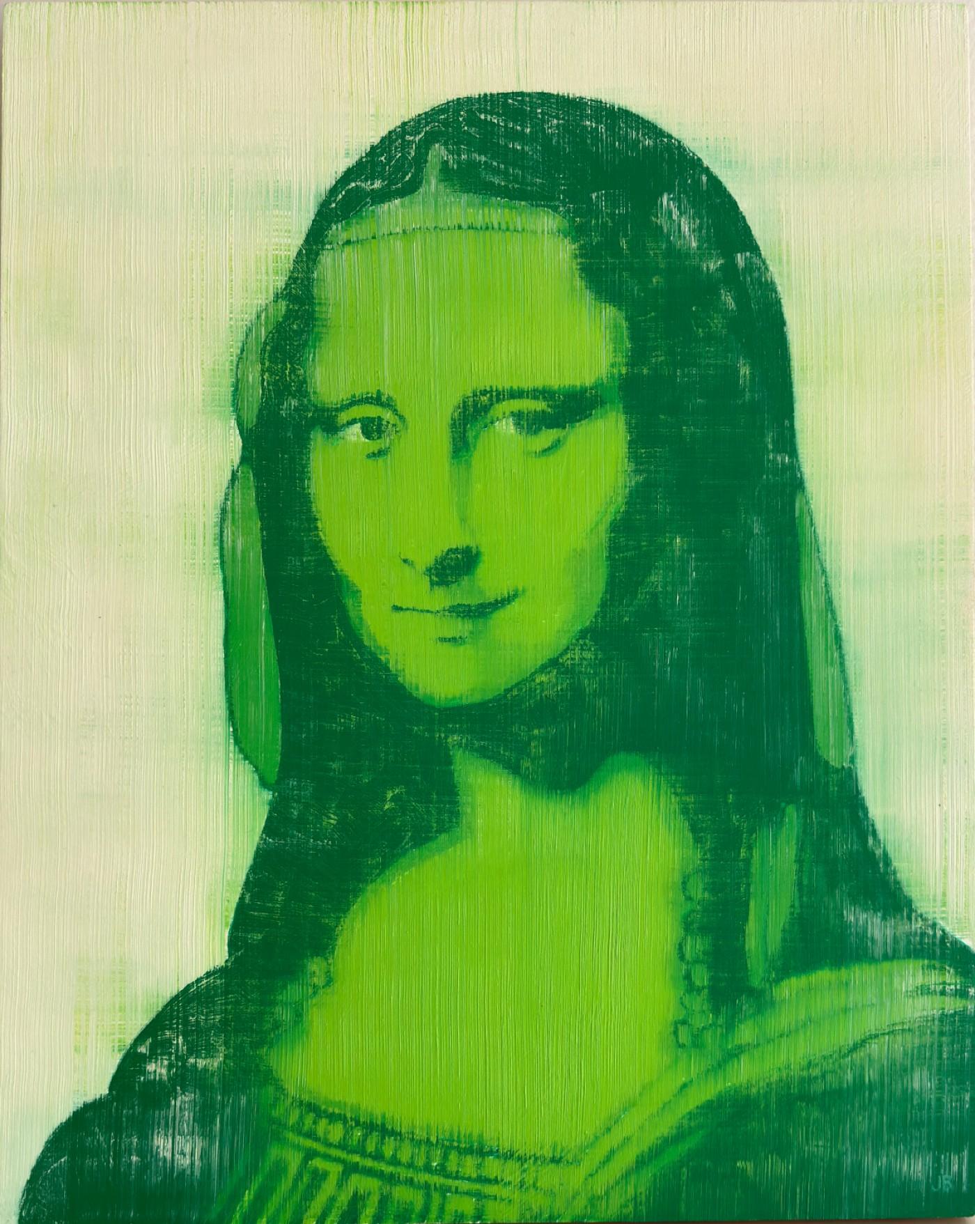 Joan Breckwoldt Portrait Painting - Mona Lisa Green 20" x 16 " Oil on Birch Panel Unique Iconic Style Contemporary