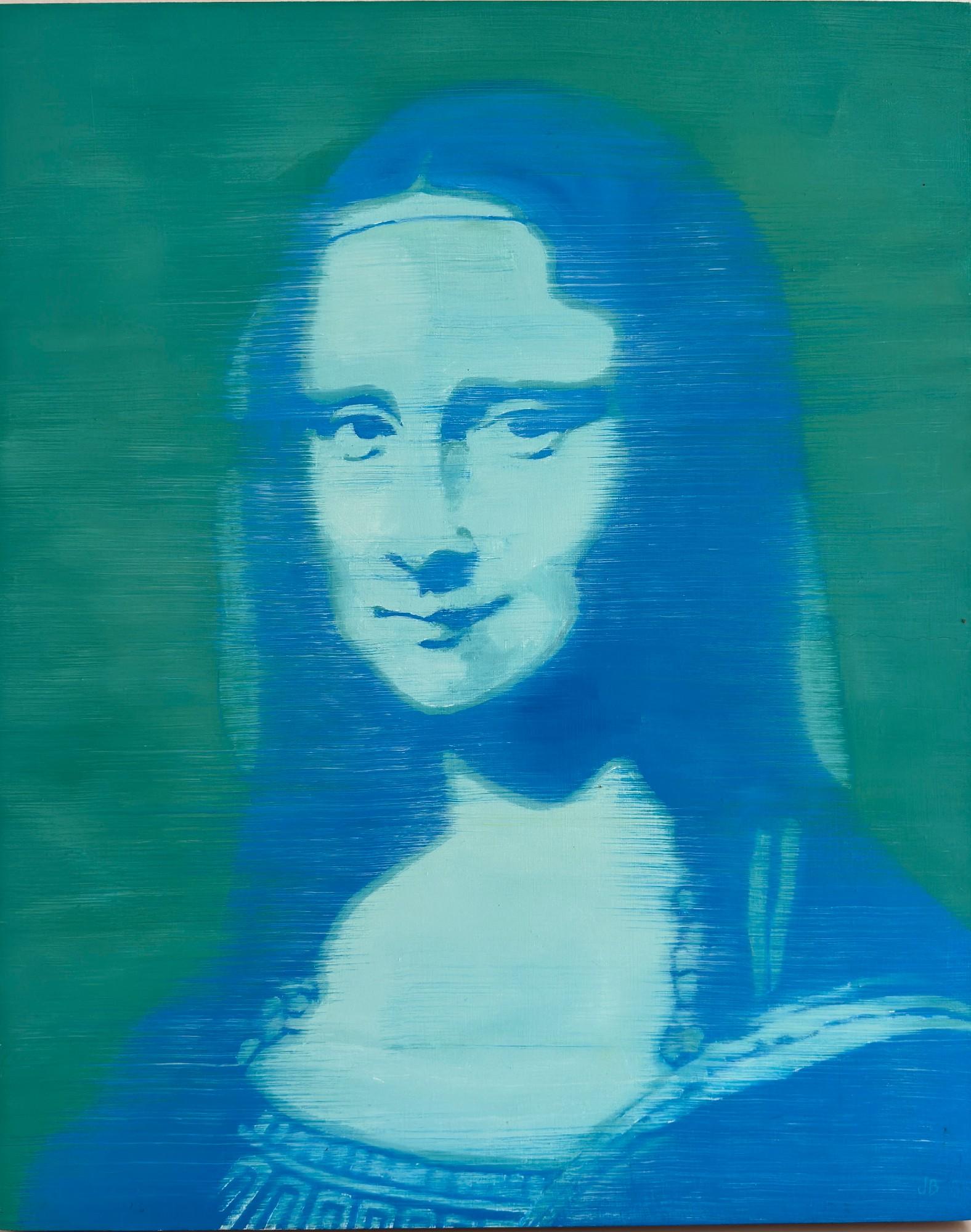 Joan Breckwoldt Portrait Painting - Mona Lisa in Blue 20" x 16 " Oil on Birch Panel Unique Iconic Style Contemporary