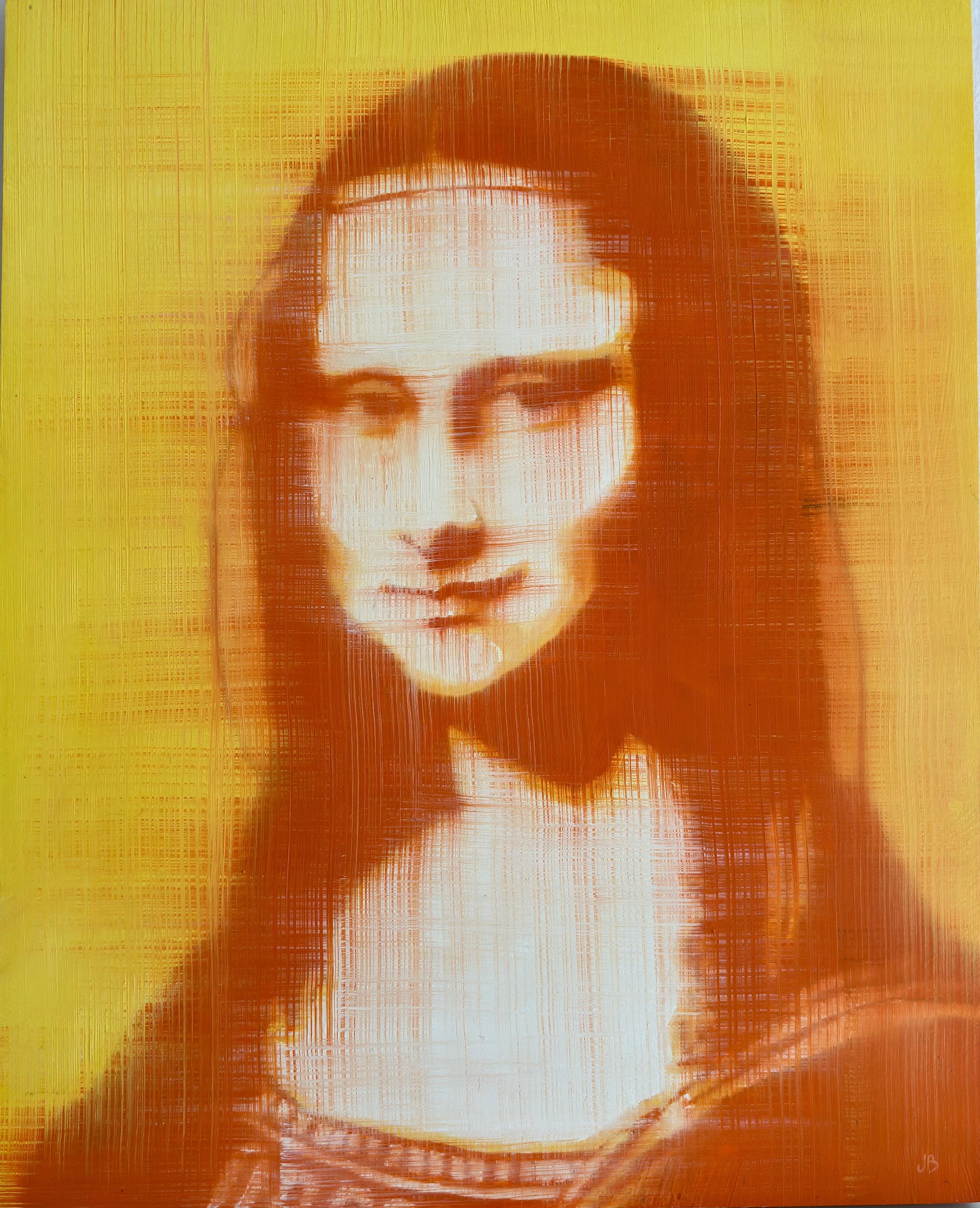 Joan Breckwoldt Portrait Painting - Mona Lisa Orange 20" x 16 " Oil on Birch Panel Unique  Iconic Style Contemporary