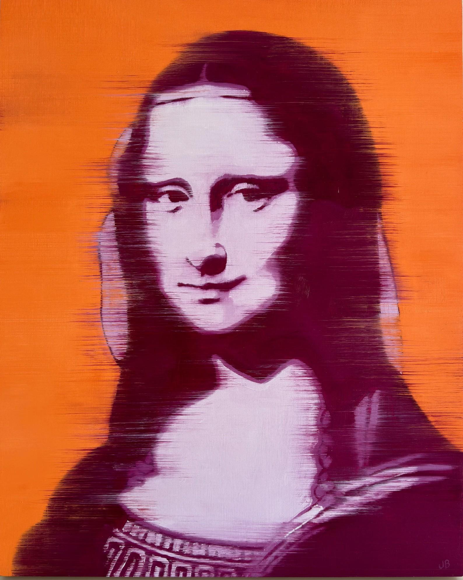 Joan Breckwoldt Portrait Painting - Mona Lisa Orange and Purple  20" x 16 " Oil on Birch Panel  Unique  Iconic Style