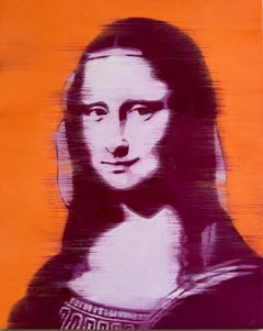 Mona Lisa orange et violet  20" x 16" Huile sur panneau de bouleau  Unique en son genre  Style Icone