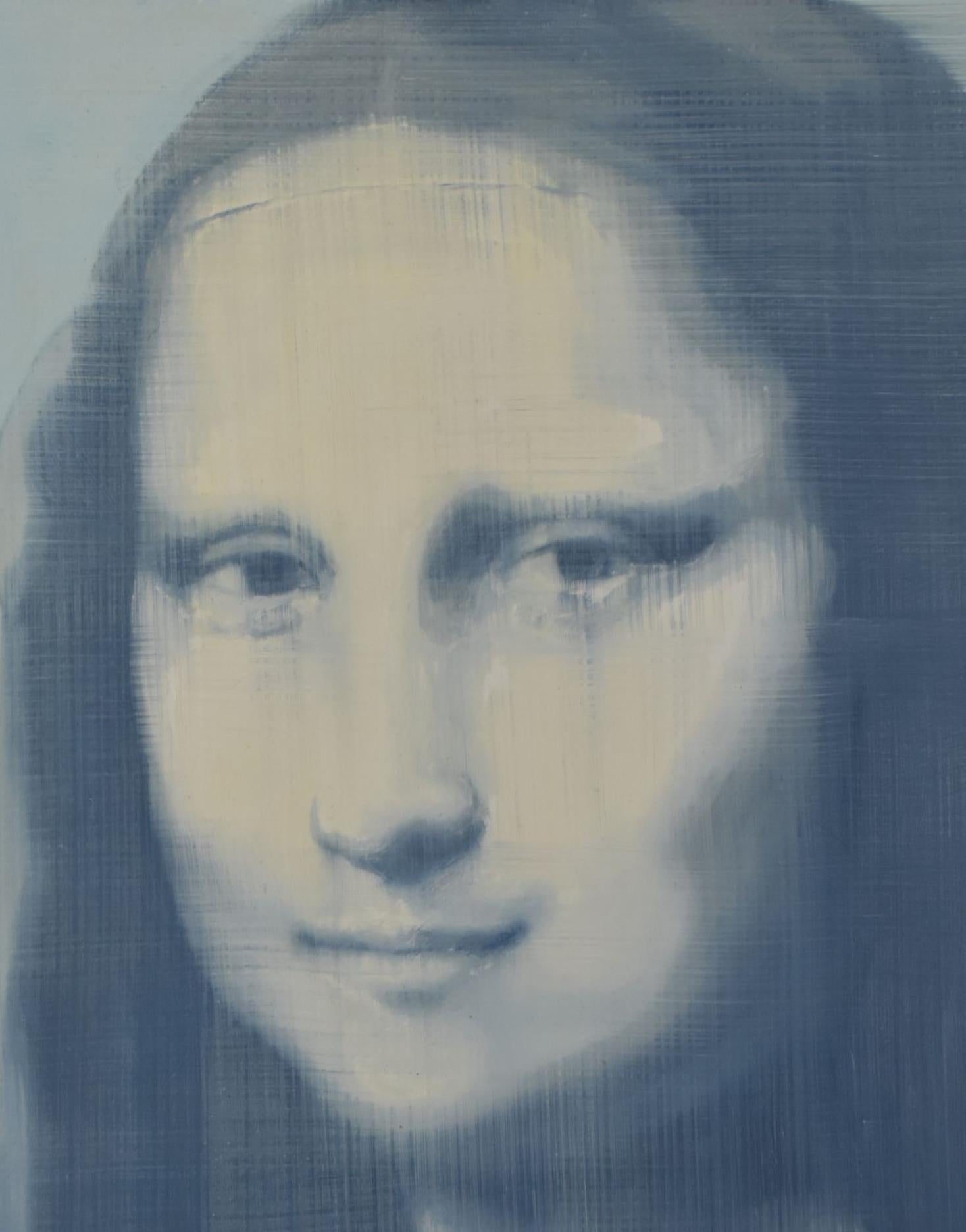 Mona's Sister, Figurative, artiste texane, « Women in the Arts », huile sur bouleau de 24,13 x 30,48 cm - Marron Portrait Painting par Joan Breckwoldt
