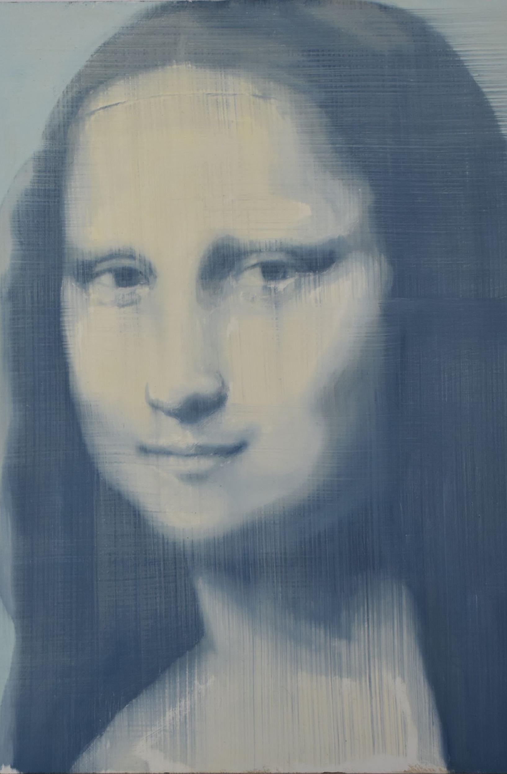 Mona's Sister, Figurative, artiste texane, « Women in the Arts », huile sur bouleau de 24,13 x 30,48 cm en vente 2