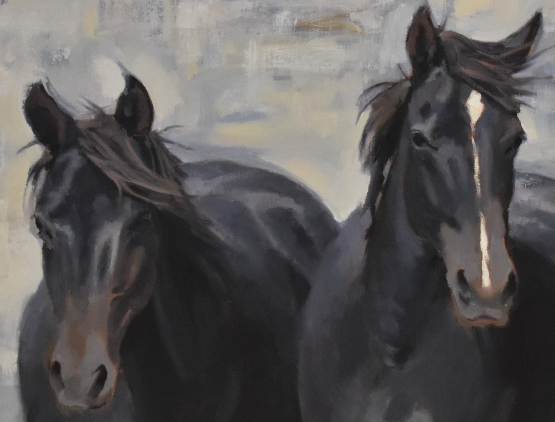  Mustang Horses, Oil, Wyoming, Custom   Frame, Western Art, Free Shipping - Painting by Joan Breckwoldt