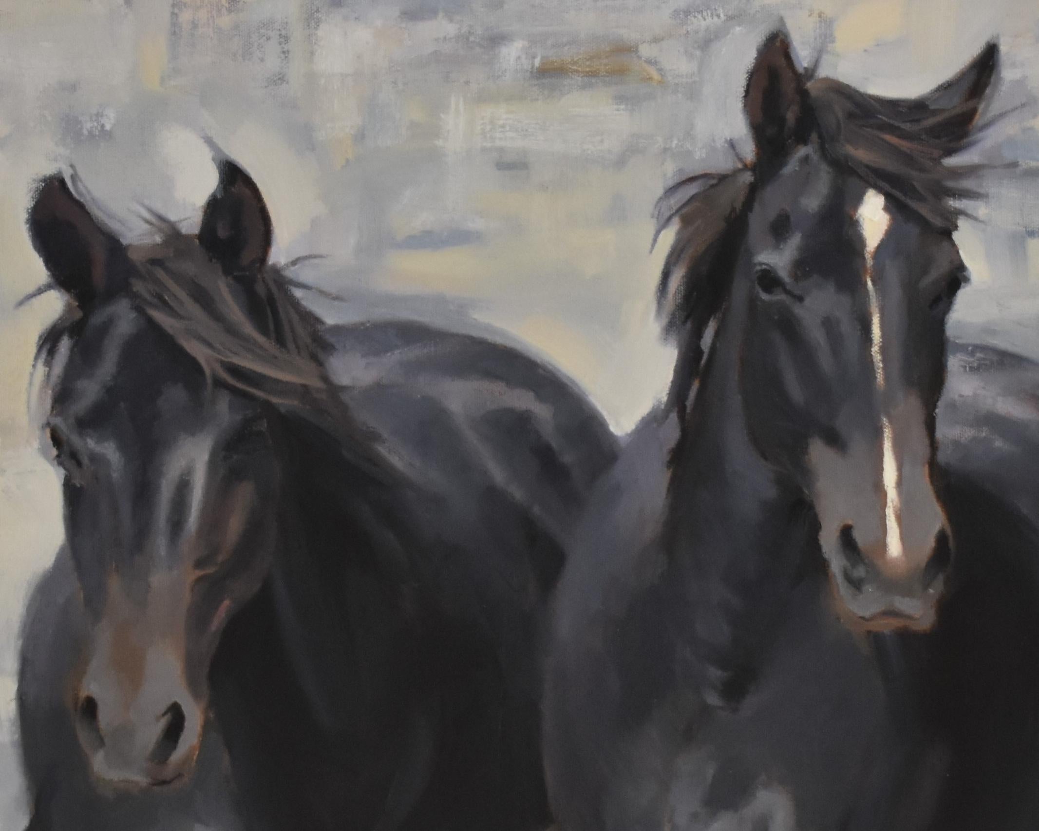  Chevaux moutardes, huile, Wyoming, sur mesure   Cadre, Art occidental, expédition gratuite - Noir Animal Painting par Joan Breckwoldt