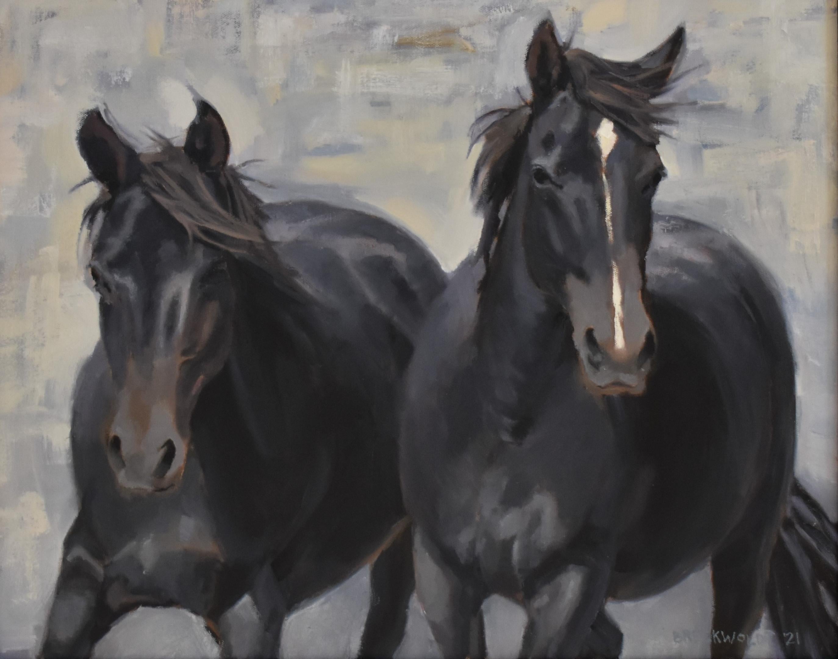 Joan Breckwoldt Animal Painting -  Mustang Horses, Oil, Wyoming, Custom   Frame, Western Art, Free Shipping