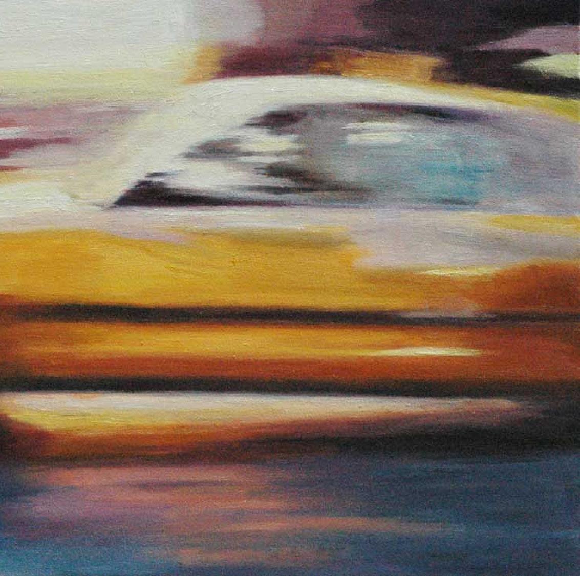 Taxi de la ville de New York  Paysage urbain   Wall Street  Art contemporain  Mouvement - Marron Landscape Painting par Joan Breckwoldt