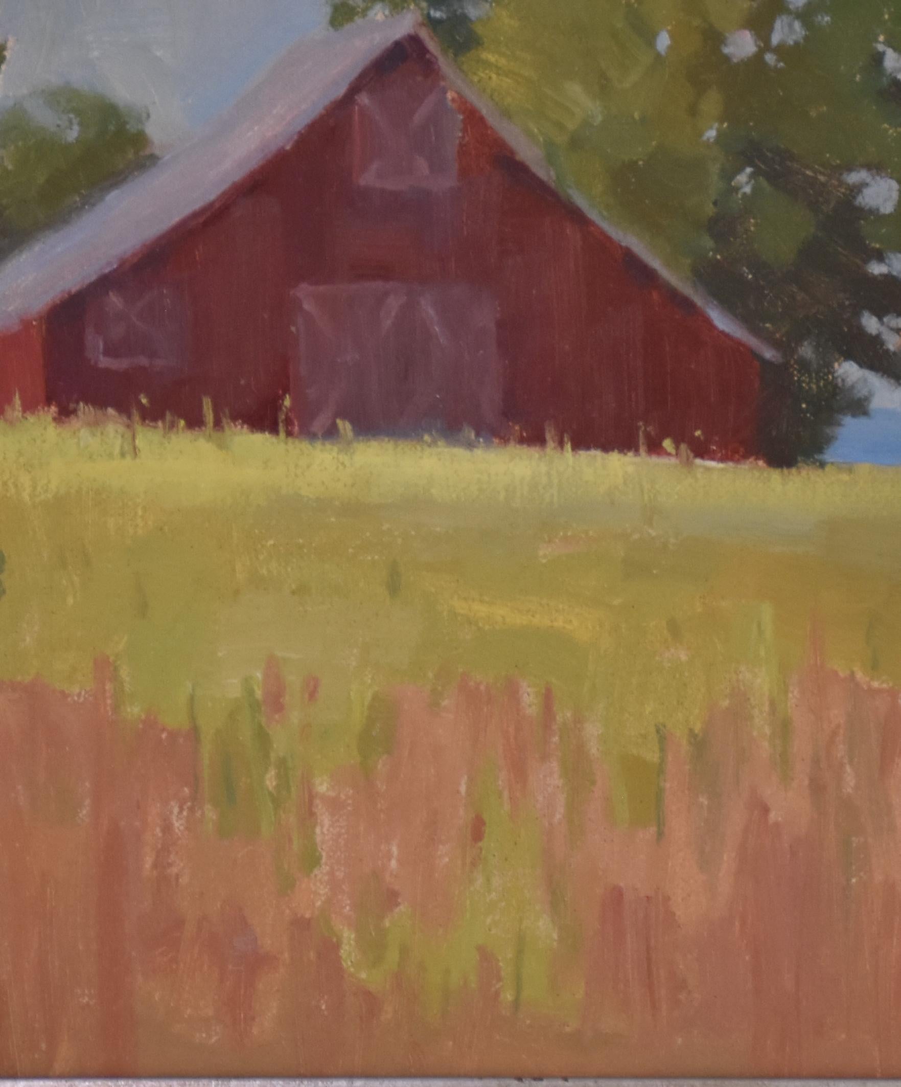 Red Barn, Texas Landscape, 9x12 Oil, Free Shipping, Barn Painting, Hill Country - Brown Landscape Painting by Joan Breckwoldt
