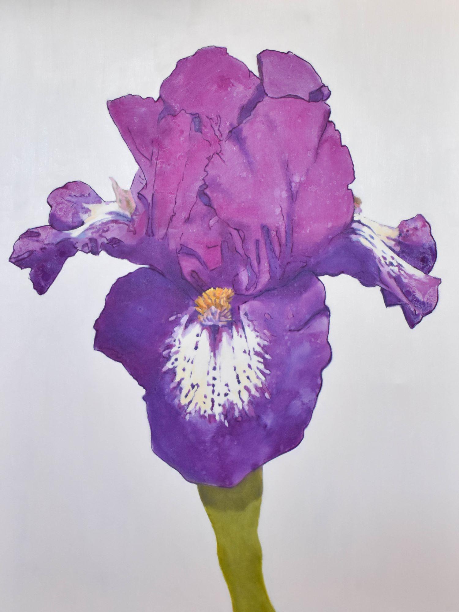 The Purple Iris, Oil Painting, Floral Painting, Still Life, Framed, American Art - Gray Still-Life Painting by Joan Breckwoldt