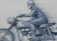 Vintage Motorcycle, Texas artist ,  oil on birch 16 x 20, Racing, Contemporary