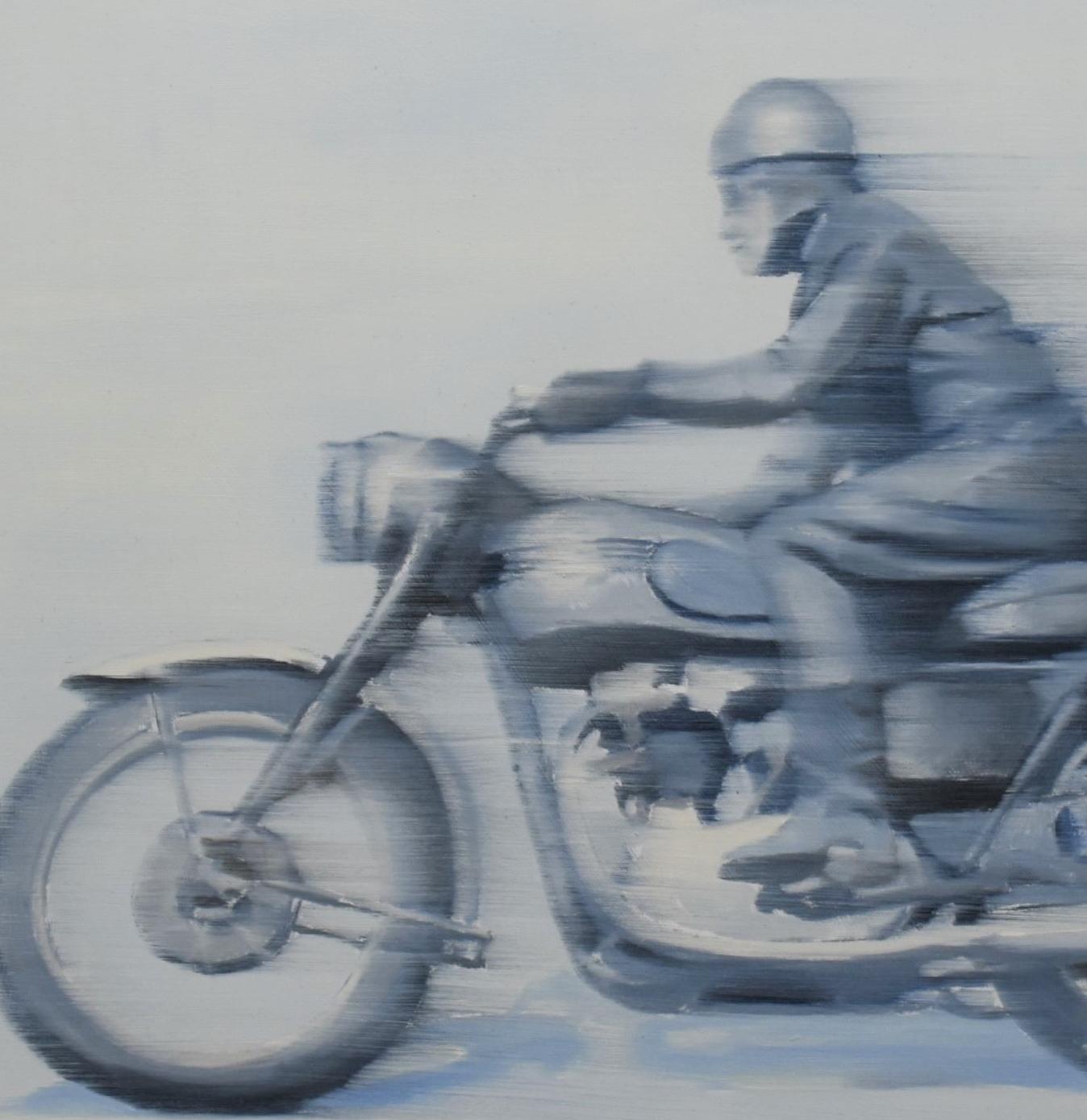 Vintage Motorcycle, Texas artist ,  oil on birch 16 x 20, Racing, Contemporary  - Brown Figurative Painting by Joan Breckwoldt