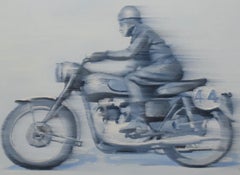 Vintage Motorcycle, artiste texan,  Huile sur bouleau 16 x 20, Racing, Contemporain 