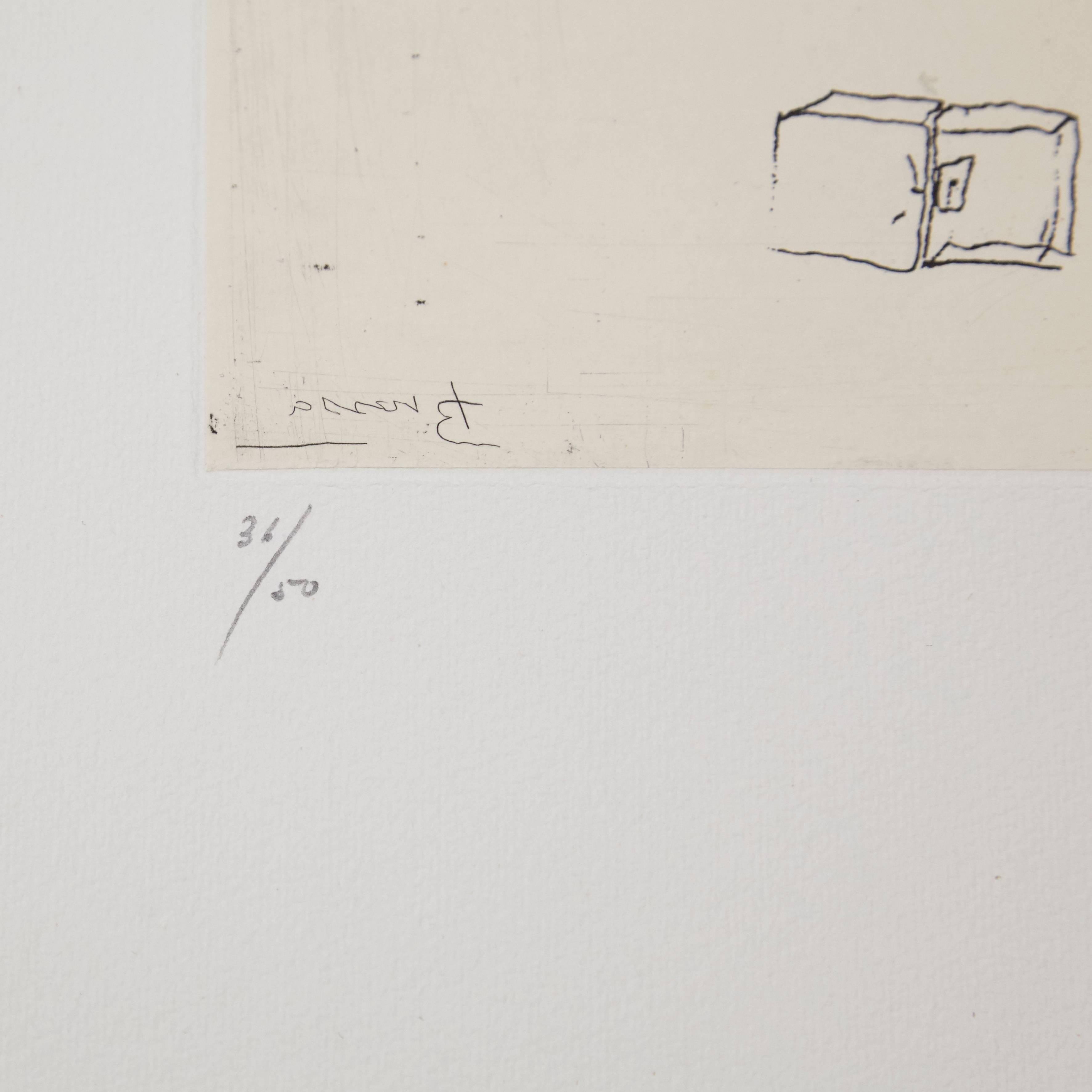Aguafuerte realizado por Joan Brossa, hacia 1970.

Edición limitada de 50 ejemplares. Numerada (36/50) y firmada a mano.

En buen estado original.

Joan Brossa (1919-1998) fue un poeta, dramaturgo, diseñador gráfico y artista visual catalán.
