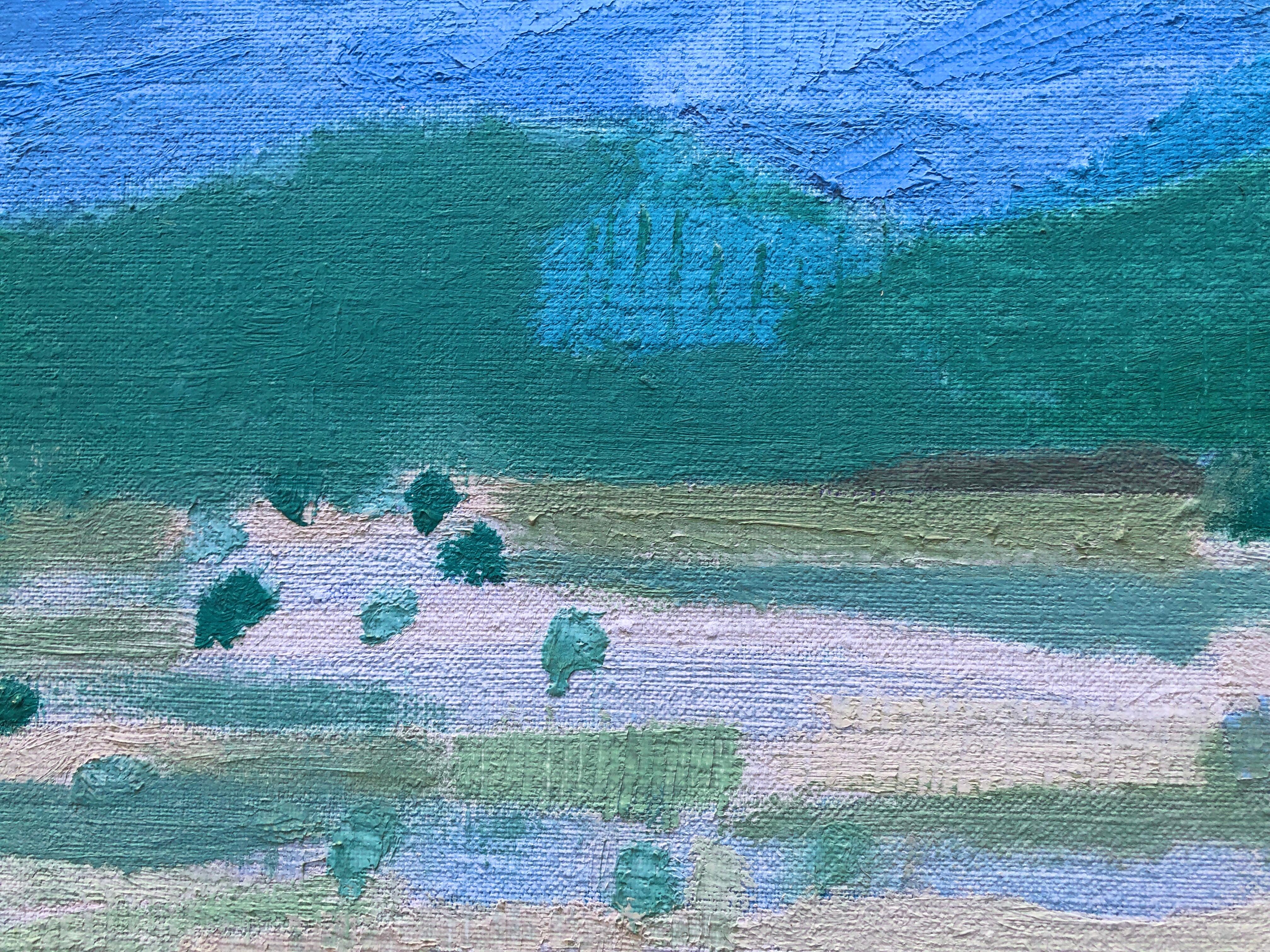 Technical sheet  

- Artist: Joan Carles Roca Sans (b. 1946)  
- Title: *Landscape of the Ampurdán*  
- Technique: Oil on canvas  
- Dimensions: 23.6 x 28.7 inches (unframed)  
- Style: Contemporary landscape with Cubist and Post-Impressionist