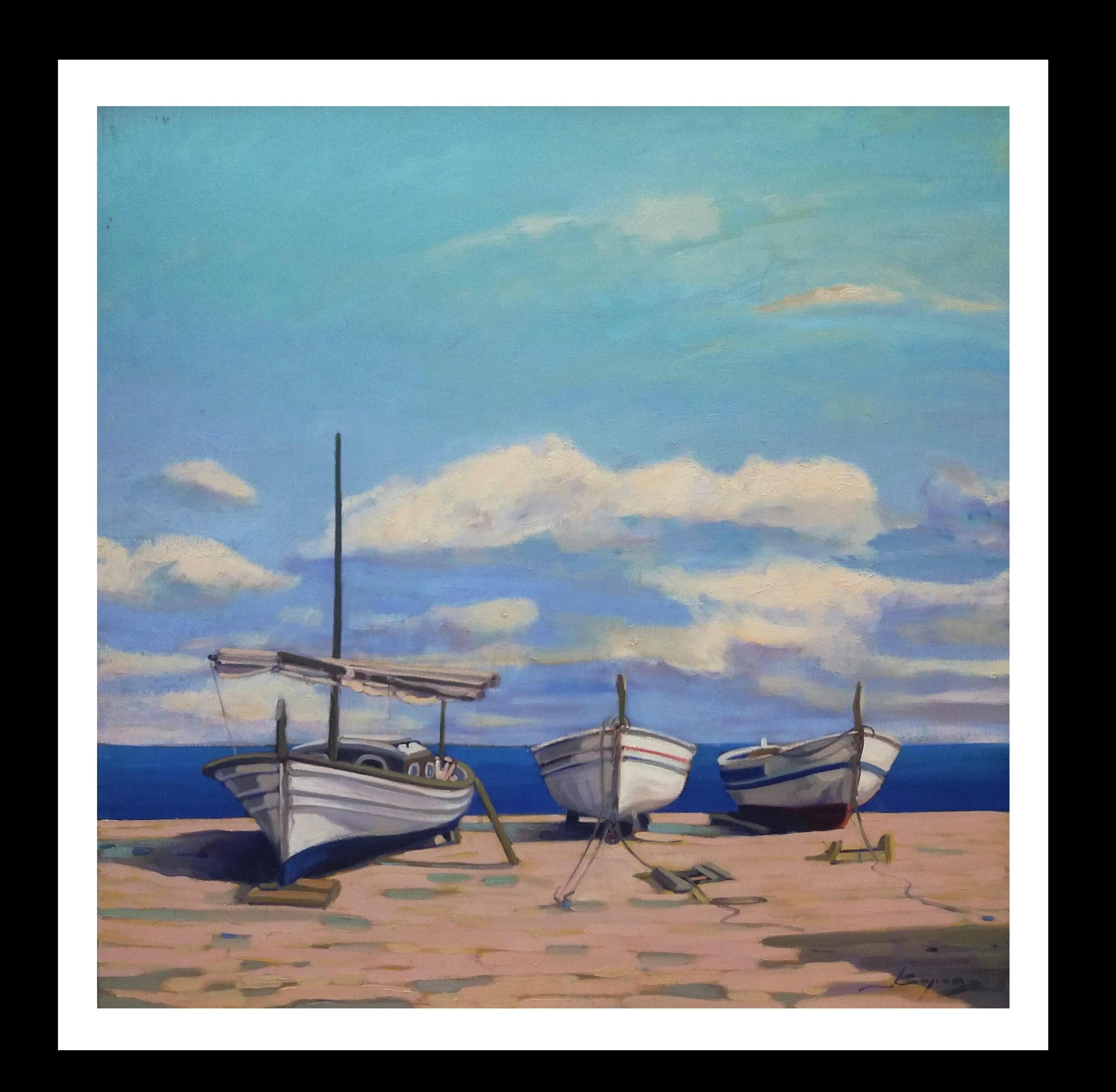Joan Copons - Barcas. original realist acrylic painting For Sale at 1stDibs
