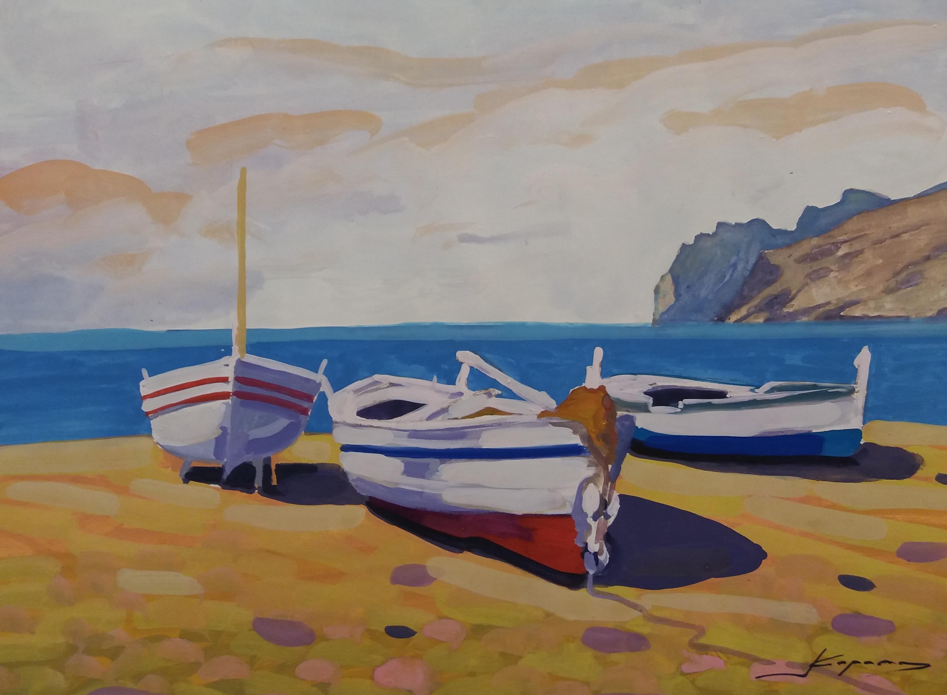 Copons  Marine Boats  original watercolor realist paper painting - Painting by Joan Copons