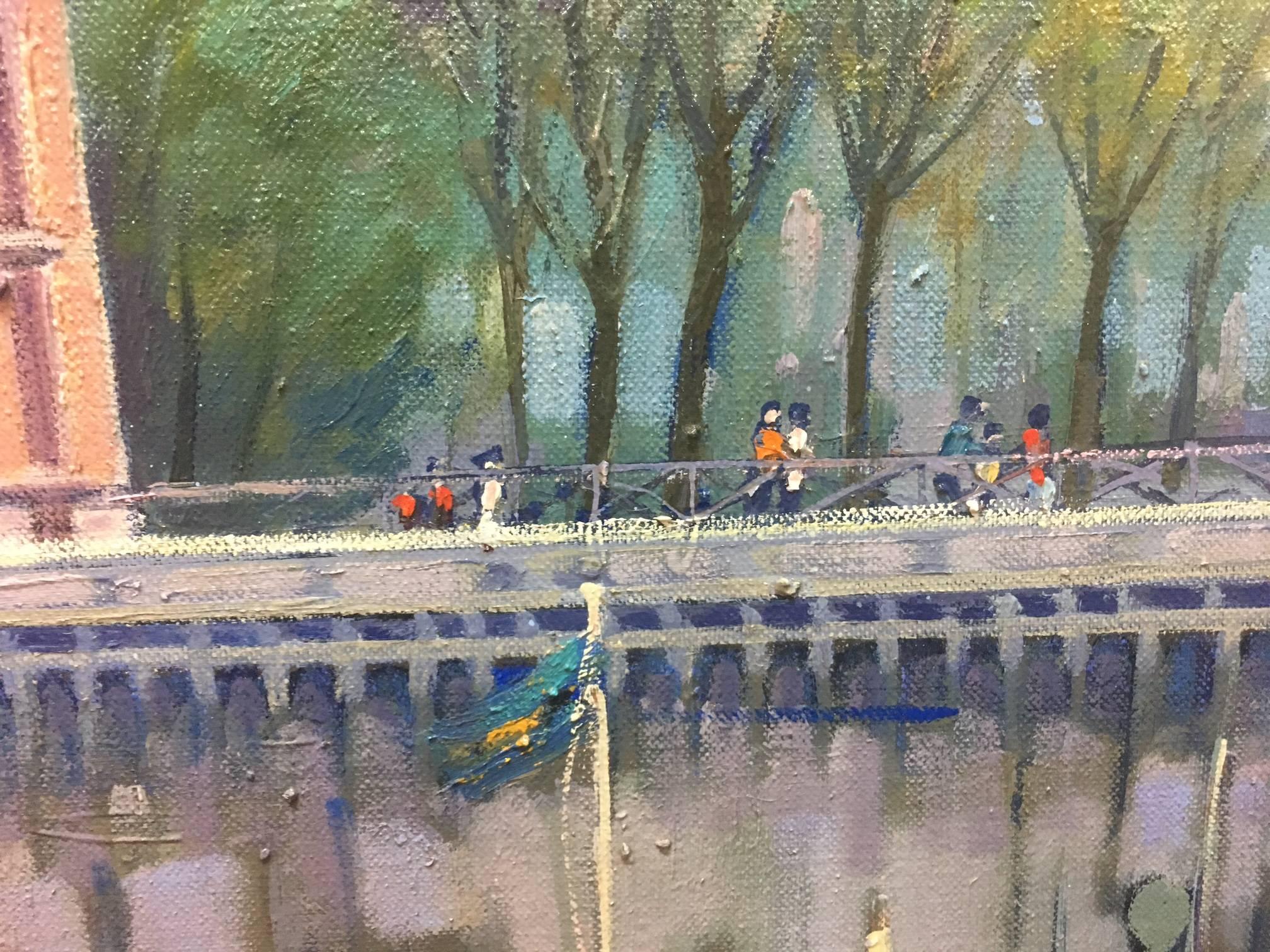 Copons  PARIS.RIVER. BRIDGE.SENA . Paysage original  peinture acrylique sur toile - Noir Landscape Painting par Joan Copons
