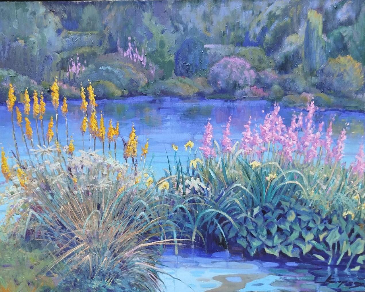 Joan Copons Landscape Painting – Acrylgemälde „Copons Flower Park“, expressionistisch, gerahmt, 1990er Jahre