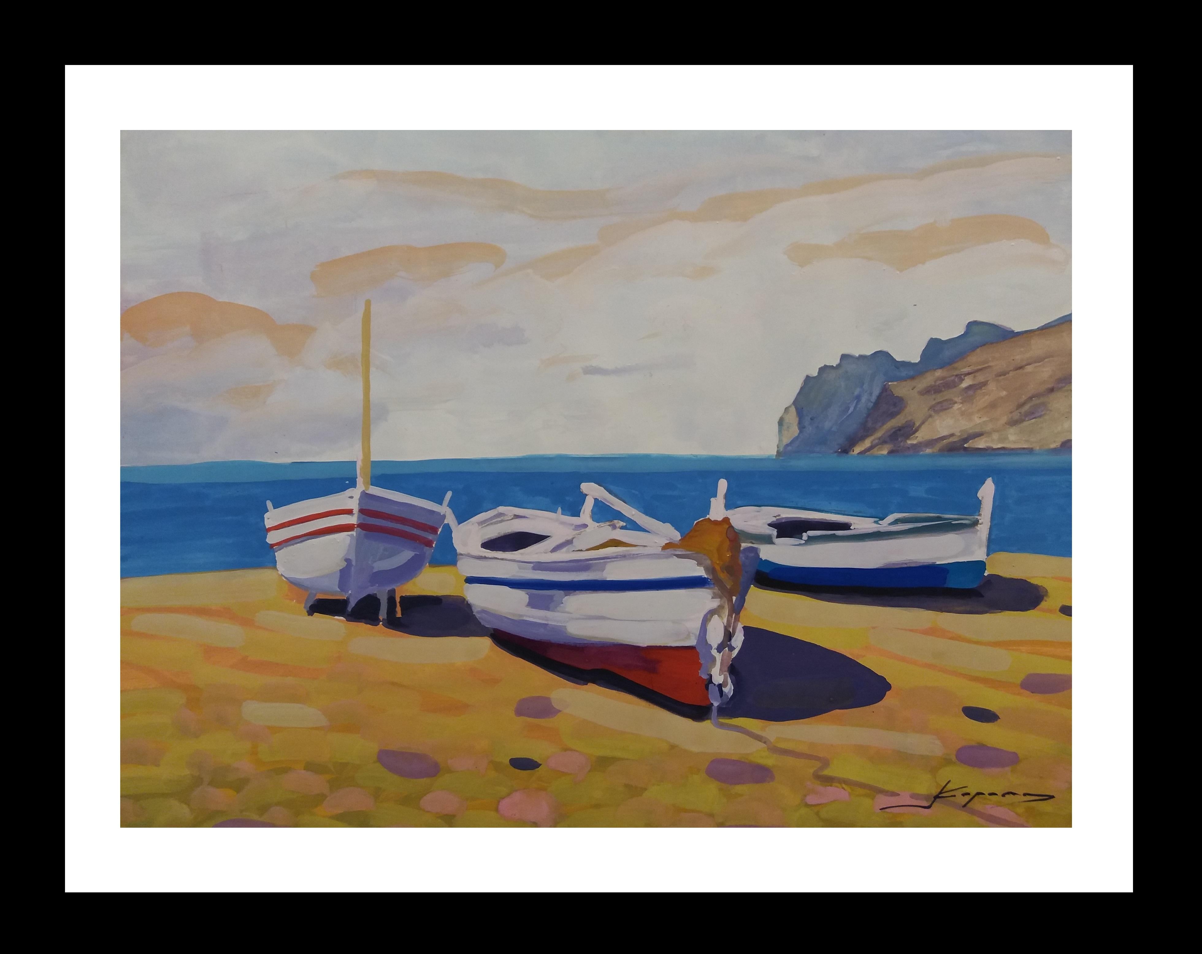 Landscape Painting di Joan Copons - Copons  Barche da Marin  pittura originale realista ad acquerello su carta