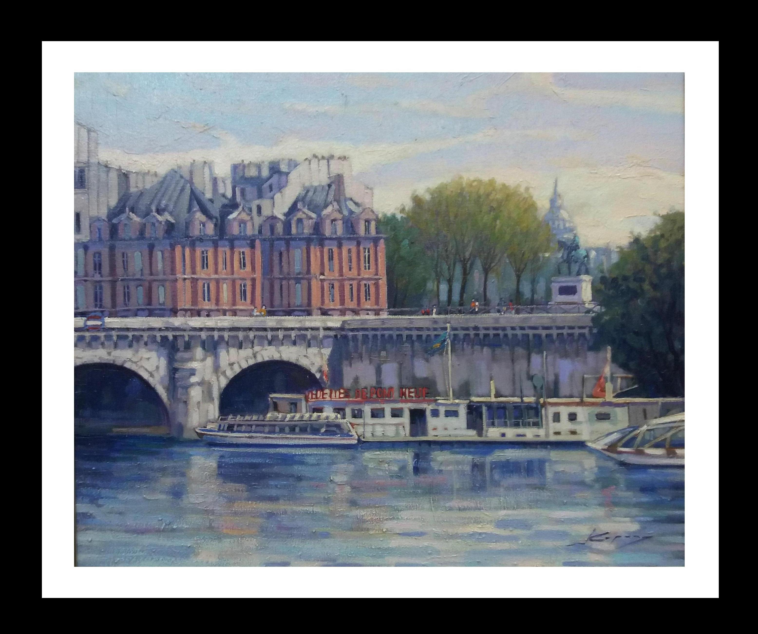PARIS.RIVER. BRIDGE.SENA . Landscape original realist acrylic canvas painting