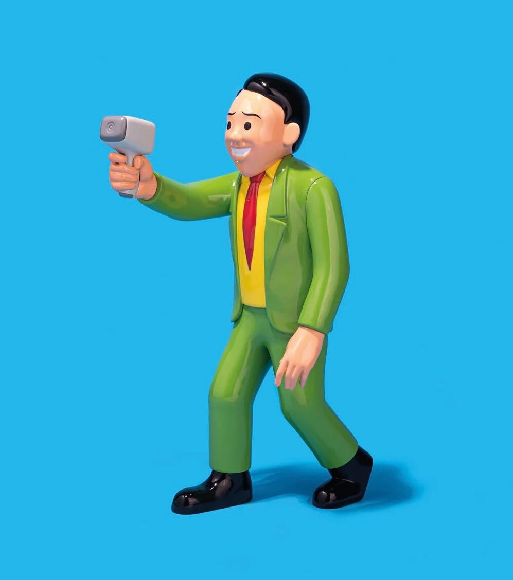 Joan Cornellà Idiotmeter Man (Green):
Idiotmeter Man represents Joan Cornellà's signature character clad in a kelly green suit and holding a scanner gun that presumably notifies one if there is an idiot in the premises. A highly collectible,