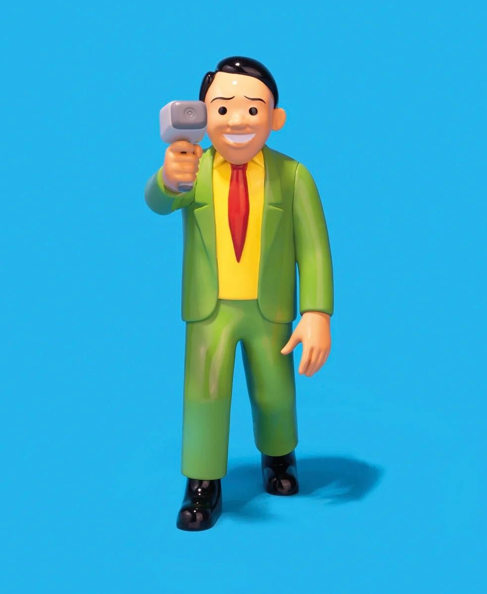 Joan Cornellà Idiotmeter Man (Grün):
Der Idiotmeter-Mann stellt Joan Cornellàs charakteristische Figur dar, die in einem kellygrünen Anzug gekleidet ist und eine Scanner-Pistole in der Hand hält, die vermutlich anzeigt, wenn sich ein Idiot in den