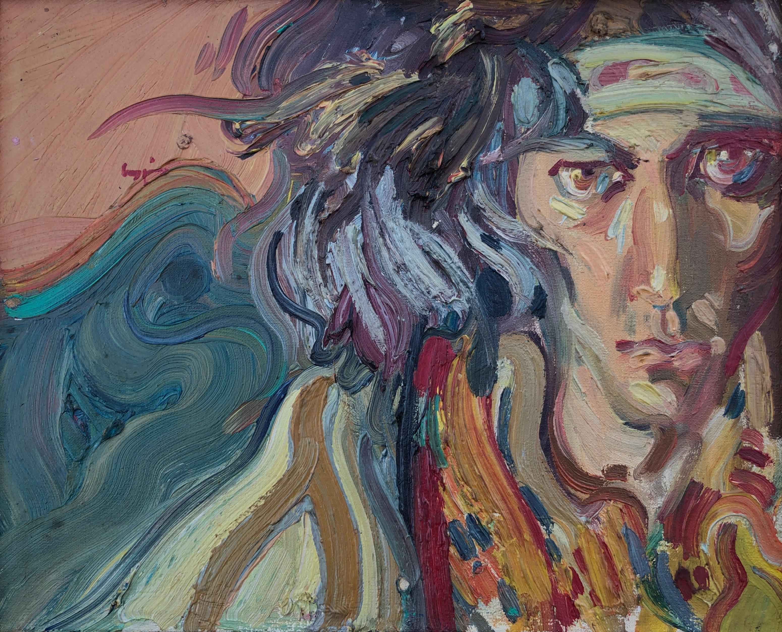 Retrato hippie pintura original al óleo sobre lienzo - Painting de Joan Cruspinera