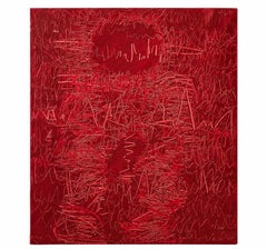 Joan Cruspinera: Rotes abstraktes Ölgemälde auf Leinwand, 1996