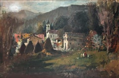 Vintage Spanish landscape oil on canvas painting framed