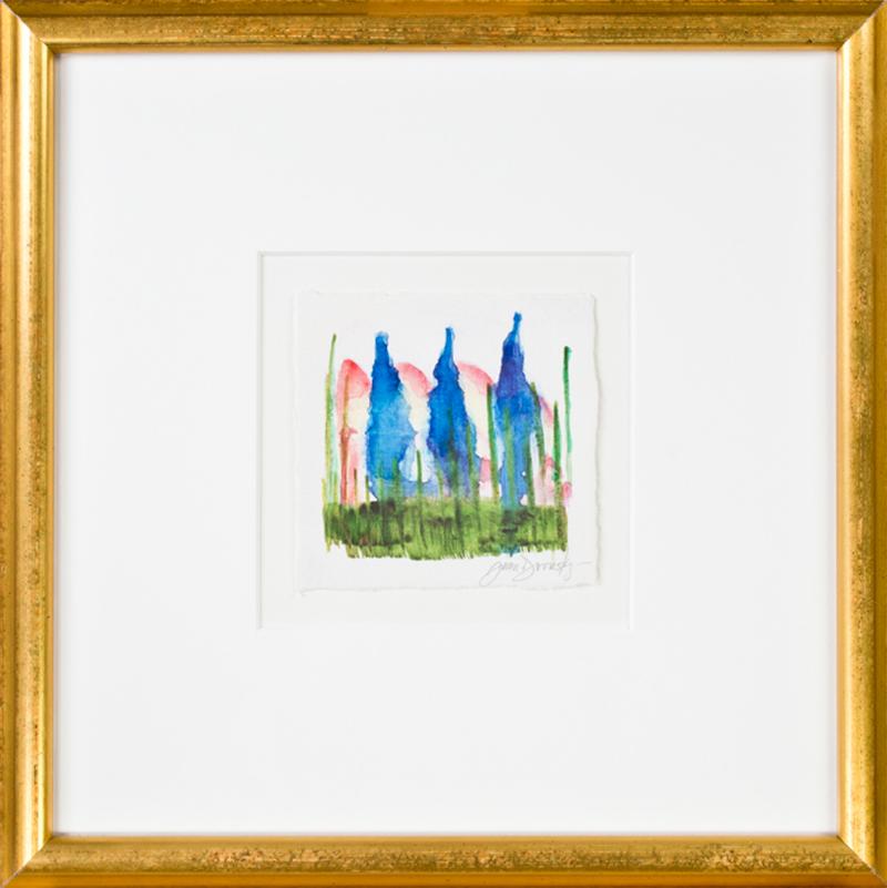 In this artwork Milwaukee-based artist Joan Dvorsky presents the viewer with a simple landscape, marked by three blue trees. The abstraction of the image and the simplicity of the color suggest evening and sunset, in contrast to the whiteness of the