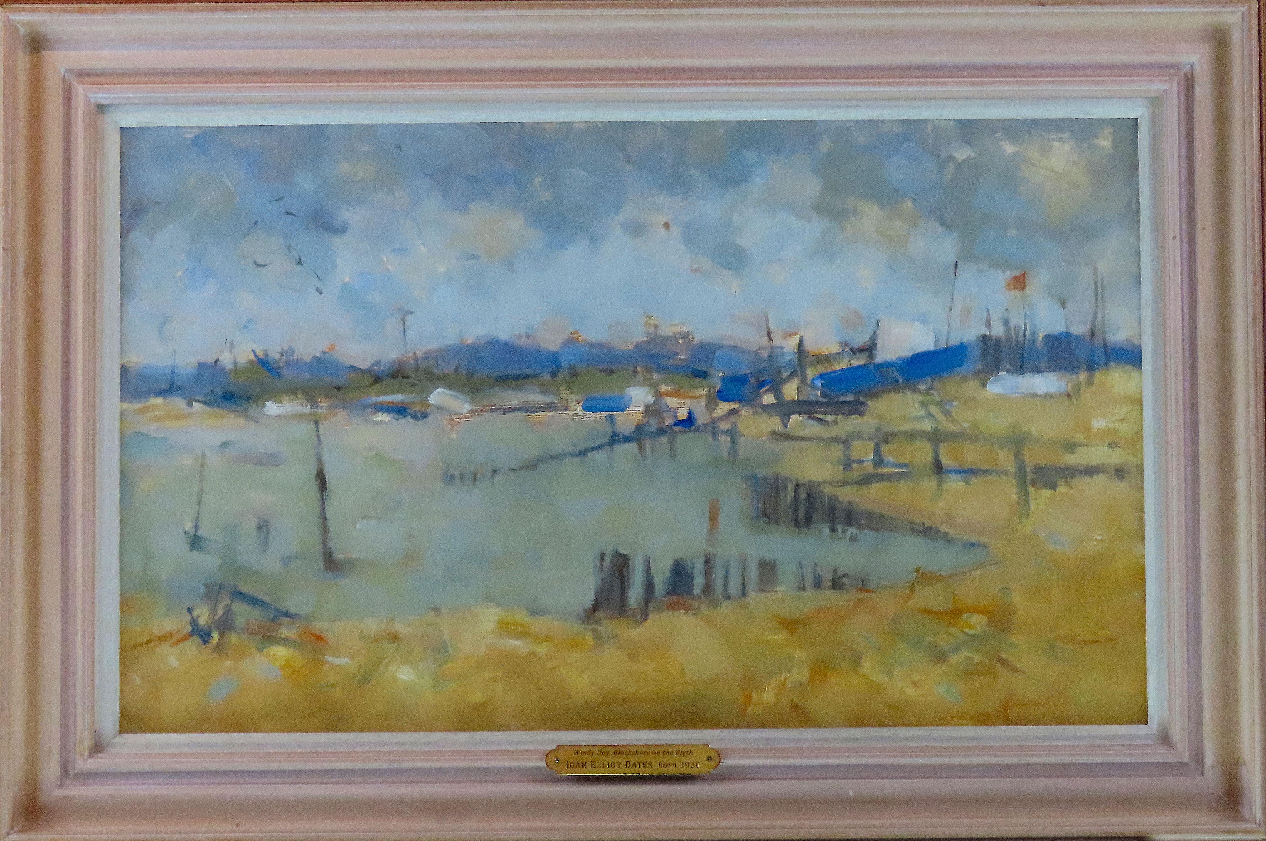 Original Ölgemälde auf Karton, Joan Elliot Bates, „Windy Day, Blackshore on the Blyth“, „Windy Day“