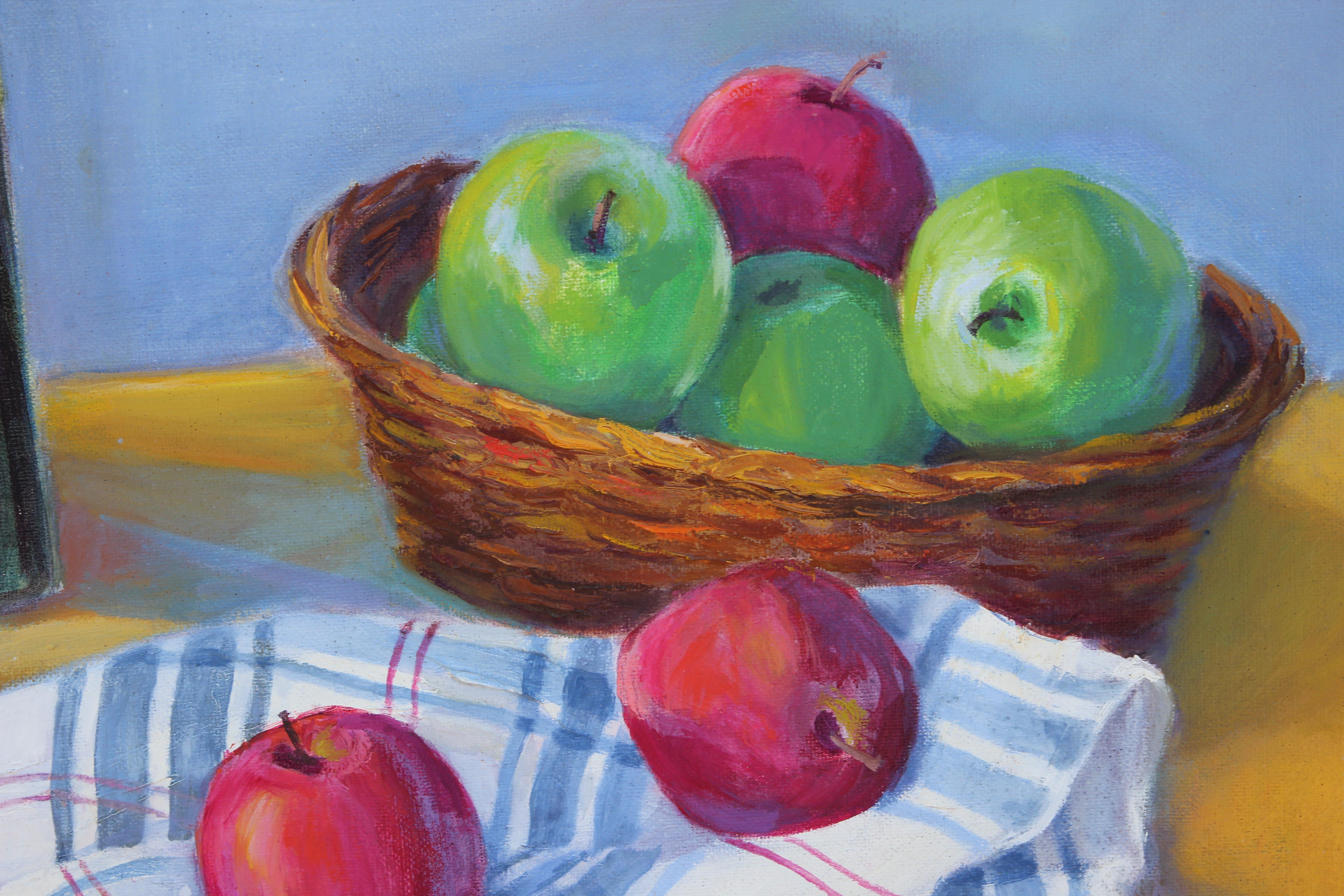 „Suppenterrin und Äpfel“ Großes realistisches Stillleben (Grau), Still-Life Painting, von Joan Farish Quillen
