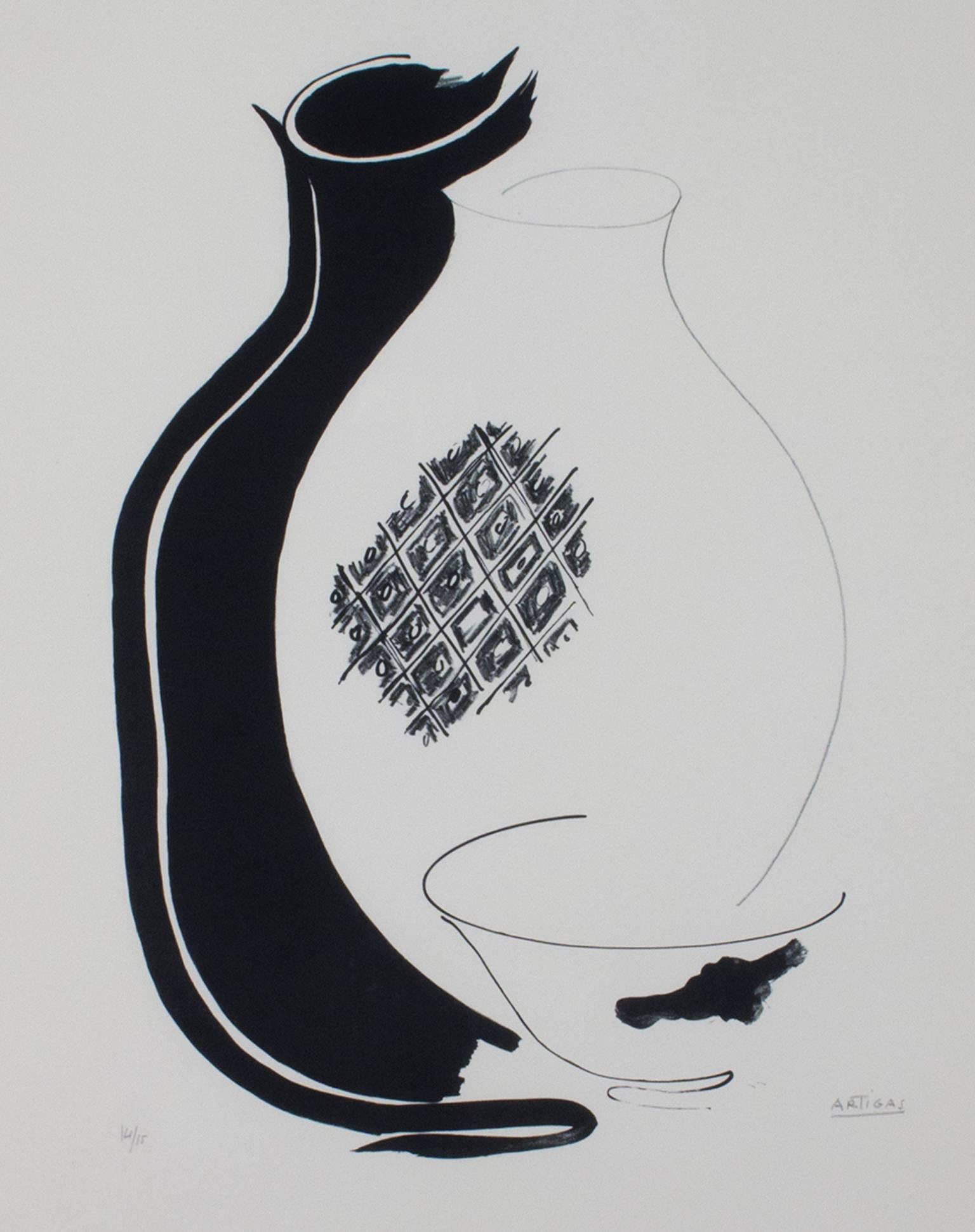 ""Zwei Flaschen und eine Schale", Original schwarz-weiße Lithographie, signiert von Joan Gardy Artigas
