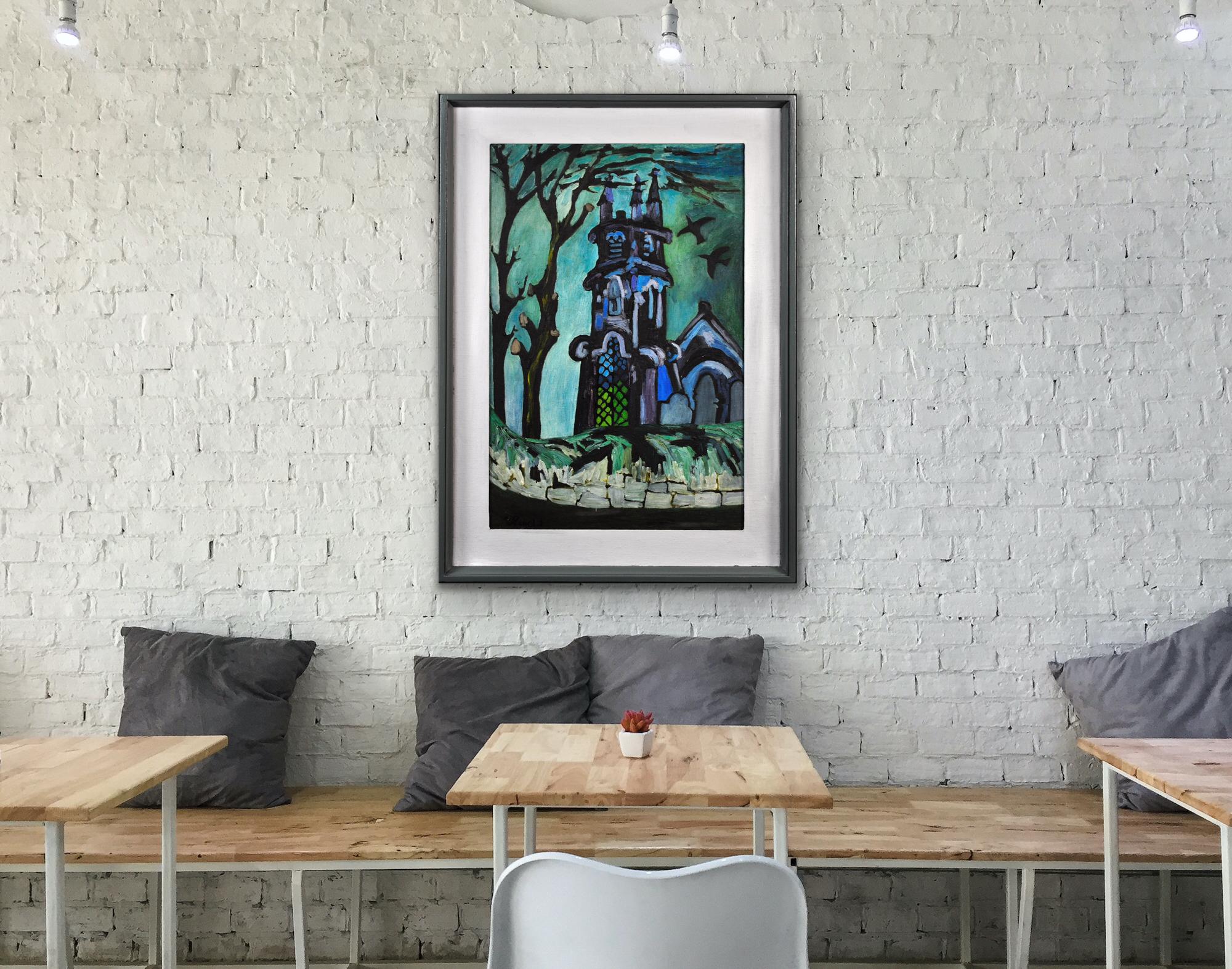 Paesaggio della chiesa e del cortile della chiesa Pittura a olio della metà del XX secolo Artista della Cornovaglia in vendita 12