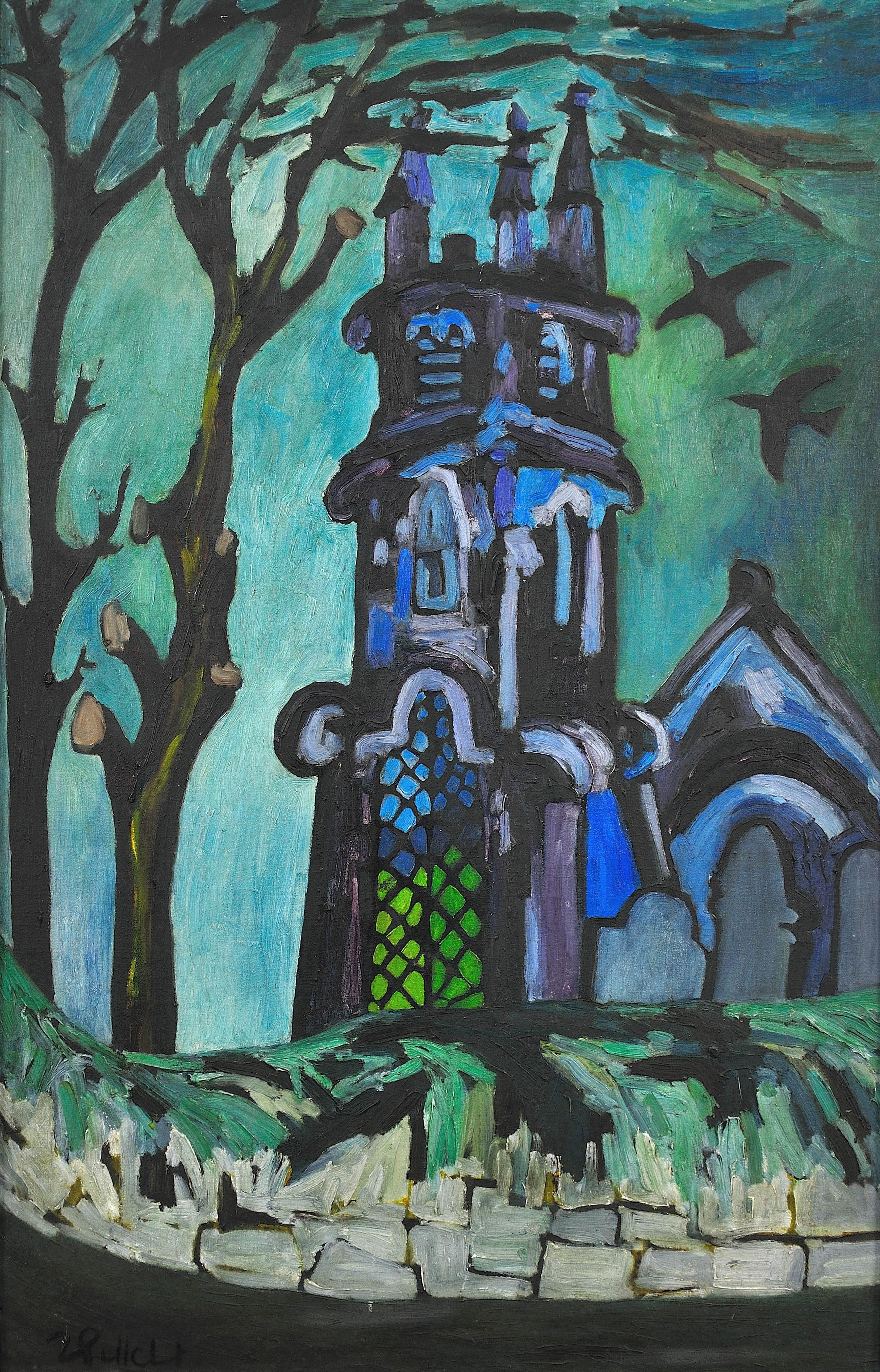Church and Churchyard - Peinture de paysage, milieu du 20e siècle, peinture à l'huile, moderne - Painting de Joan Gillchrest