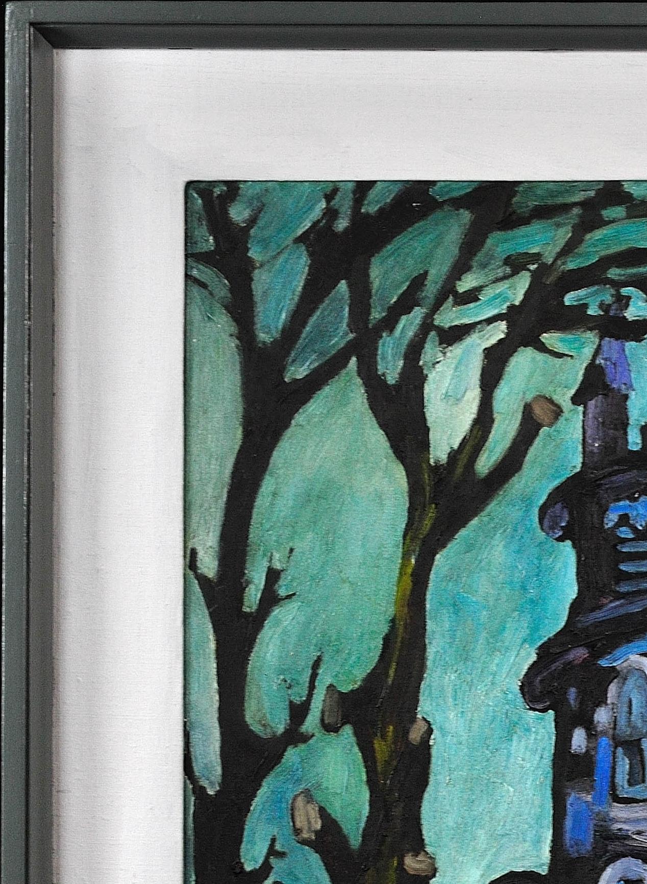 Paesaggio della chiesa e del cortile della chiesa Pittura a olio della metà del XX secolo Artista della Cornovaglia in vendita 15