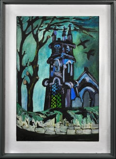 Vintage Church and Churchyard - Landscape Painting, Mid-20th Century, Oil Paint, Modern
