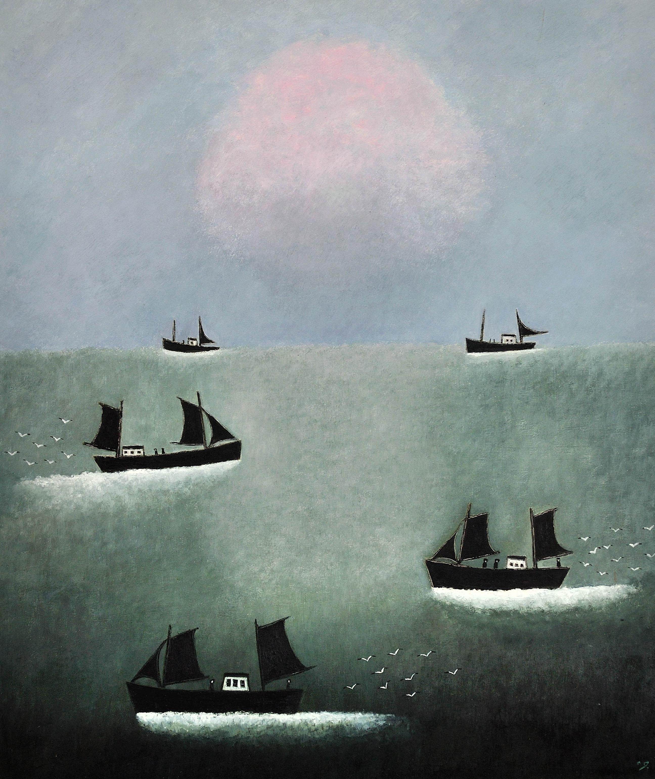 Cornish Fishing Boats at First Light. Mid-20th Century. Cornwall. Modern British - Painting by Joan Gillchrest