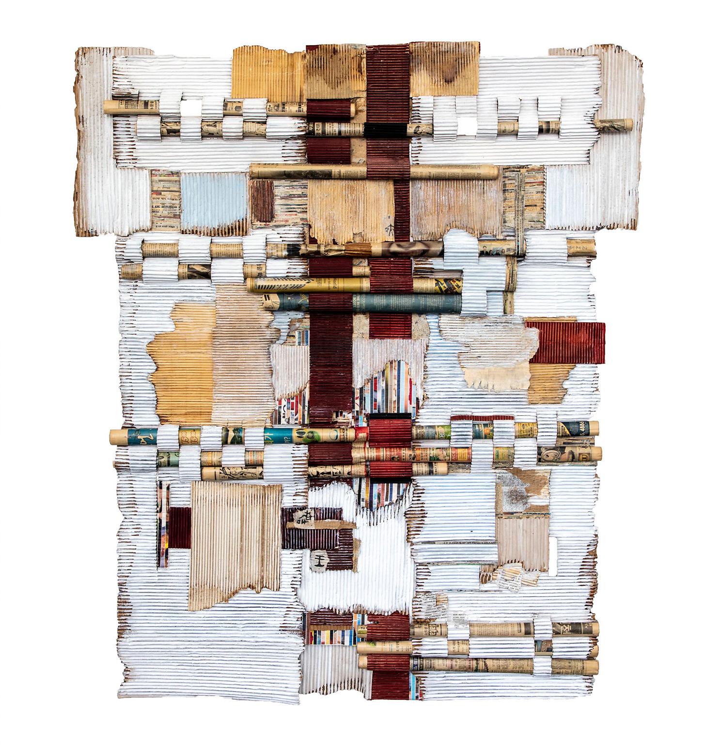 Joan Giordano Abstract Sculpture - "White Washed" Abstract Paper Wall Relief Sculpture, Mixed Media Collage