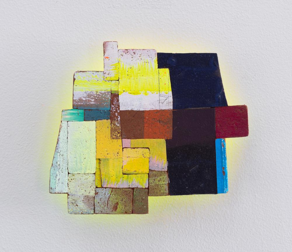 Joan Grubin Abstract Sculpture - Detritus #42, acrylic on pressed wood, abstract neon wall-mounted sculpture 2022