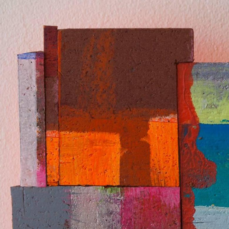 Detritus #32, multicolored acrylic on pressed wood abstract wall sculpture, 2017 - Abstract Sculpture by Joan Grubin