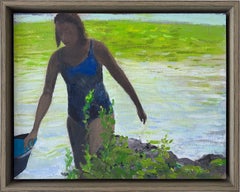 Kayak (Small Contemporary Painting of Woman in Blue Swimsuit, Oil, Framed)