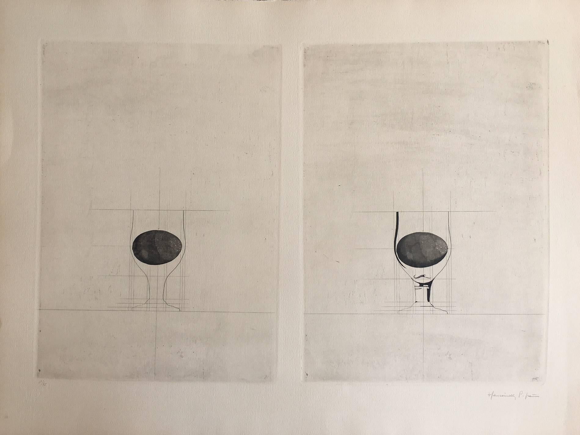 HERNANDEZ PIJUAN  Abstraktes Gemälde mit geometrischer Komposition. Originalgravur – Print von Joan Hernandez Pijuan