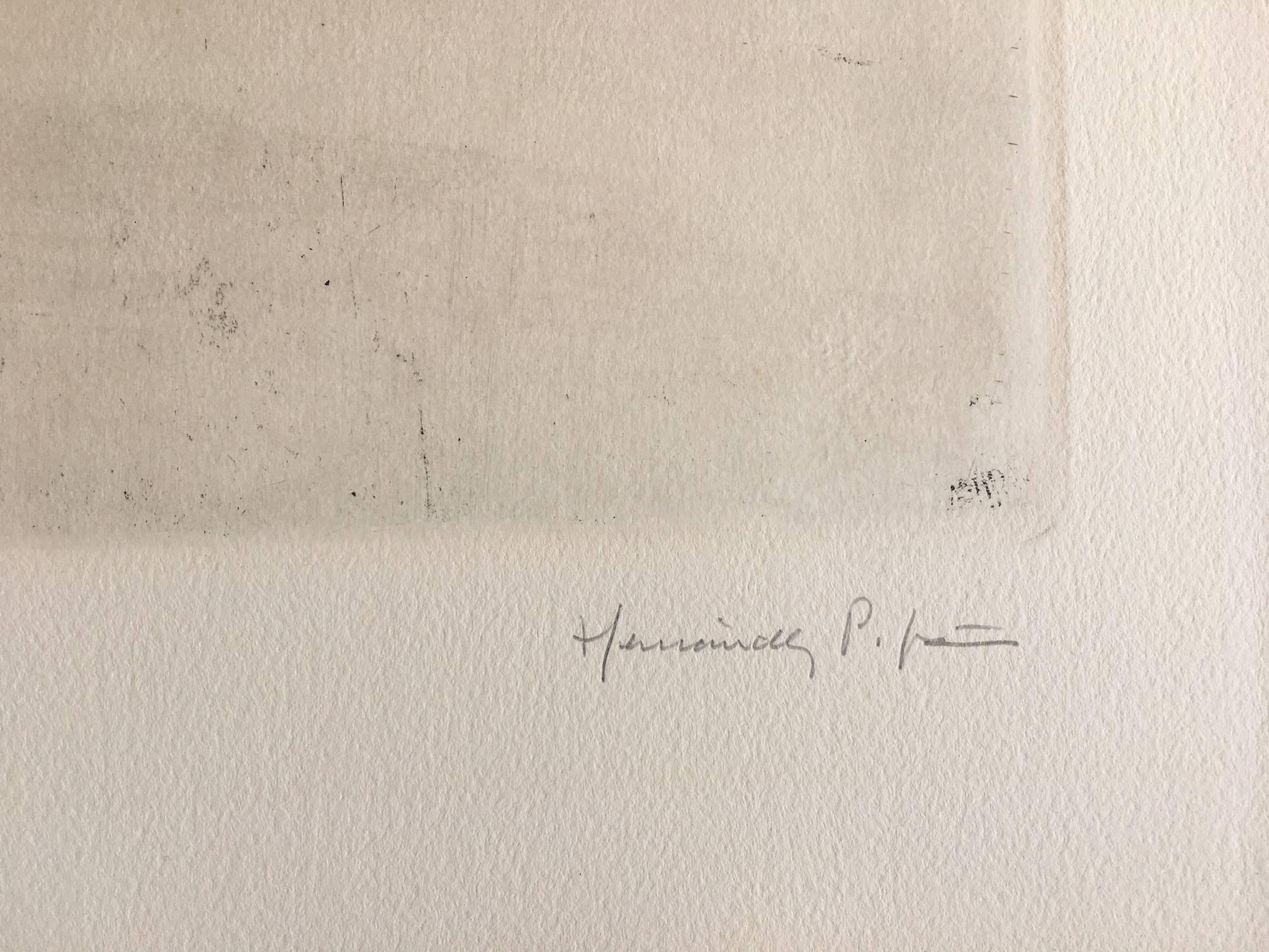HERNANDEZ PIJUAN  Abstraktes Gemälde mit geometrischer Komposition. Originalgravur (Beige), Abstract Print, von Joan Hernandez Pijuan